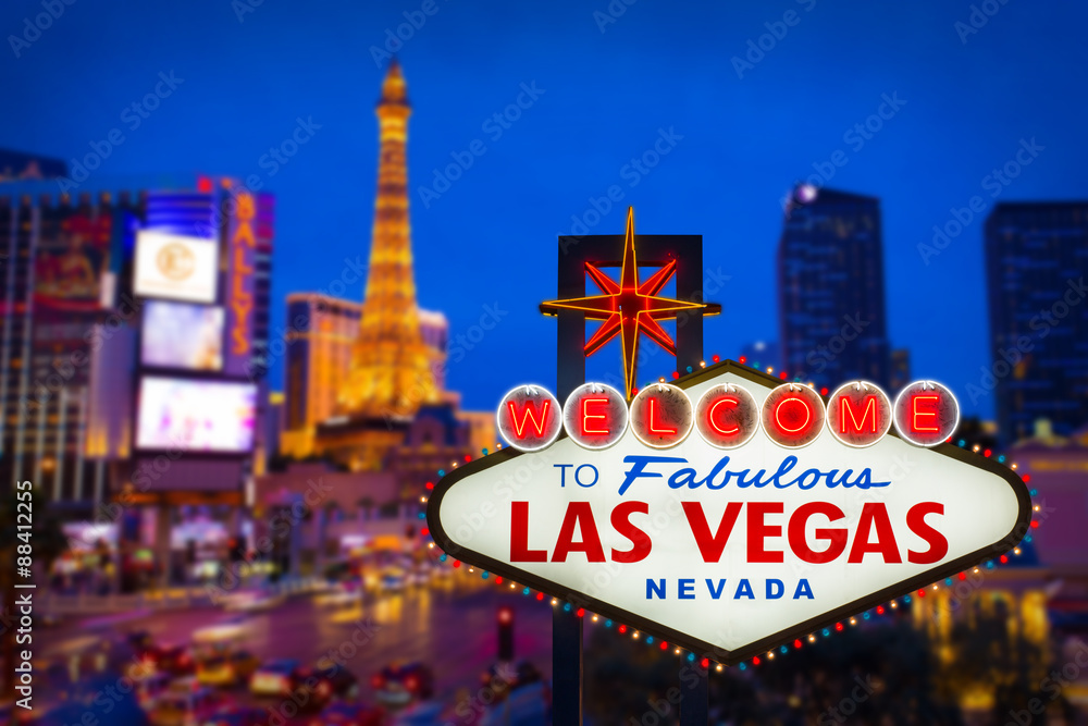 Welcome to fabulous Las vegas Nevada sign with blur strip road b - obrazy, fototapety, plakaty 