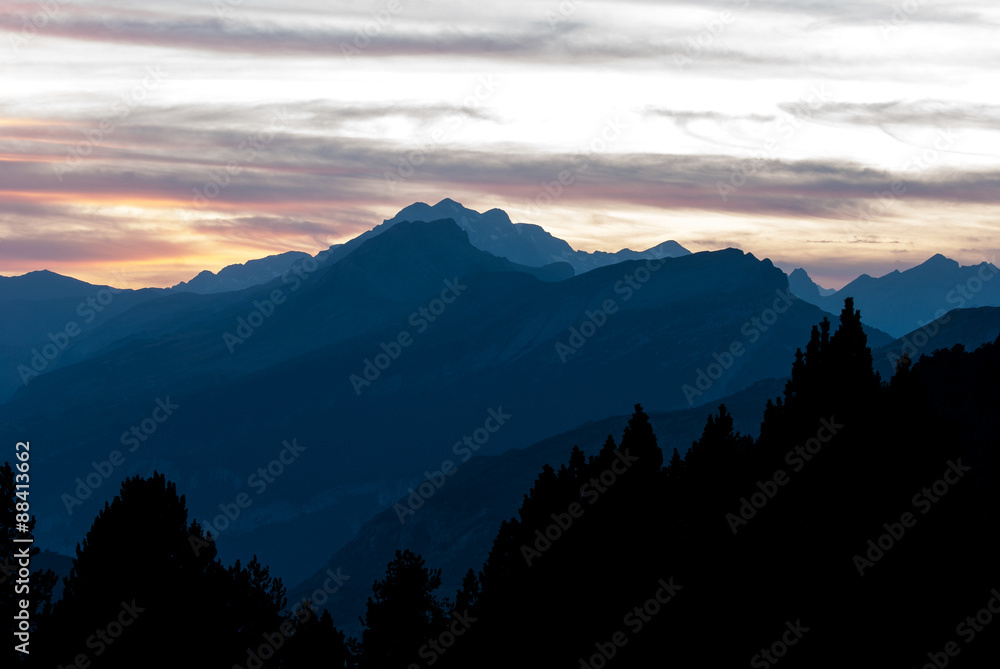 Sunset landscape surrounding Plan, Pyrenees