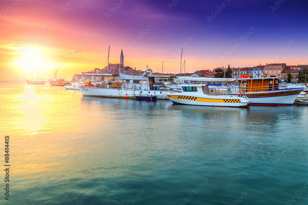 Magical sunset with Rovinj harbor,Istria region,Croatia,Europe Magical sunset with Rovinj harbor,Istria region,Croatia,Europe