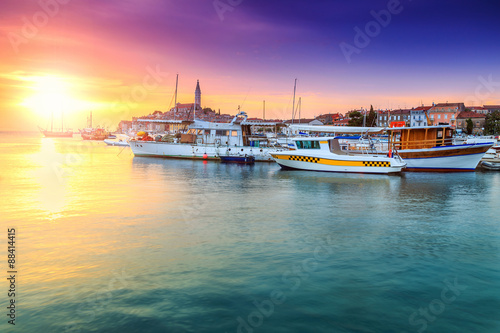 Magical sunset with Rovinj harbor,Istria region,Croatia,Europe