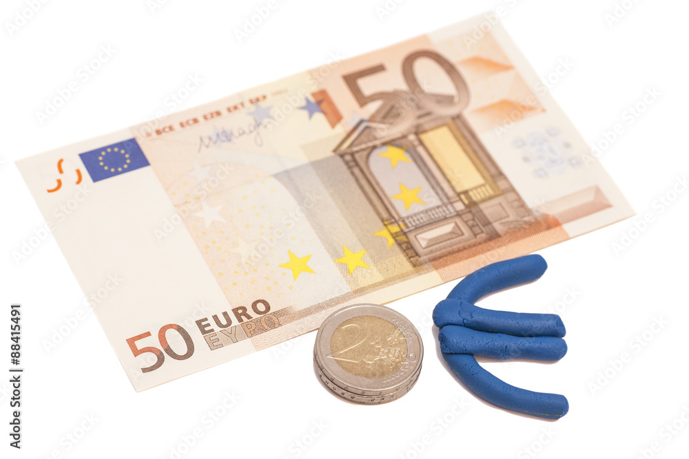 Plasticine euro icon, euro banknote and coins Plasticine euro icon, euro banknote and coins