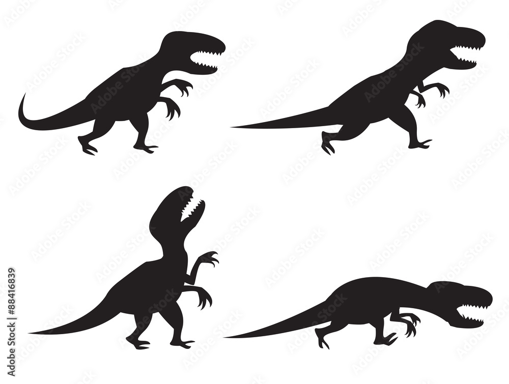 Naklejka premium Black Silhouette of T-rex and Velociraptor in movement, angry,ru