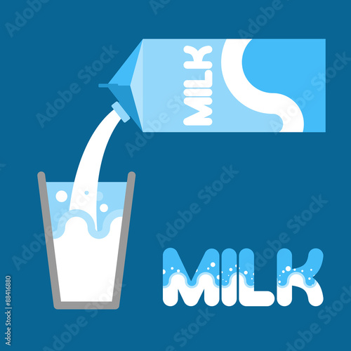 Milk. Pour milk into a glass from packaging. Milk carton. Vector