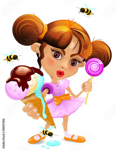 A little girl with a melting ice-cream and a candy