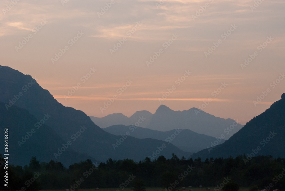 Mountains in morning light near the village of Albella, Pyrenees