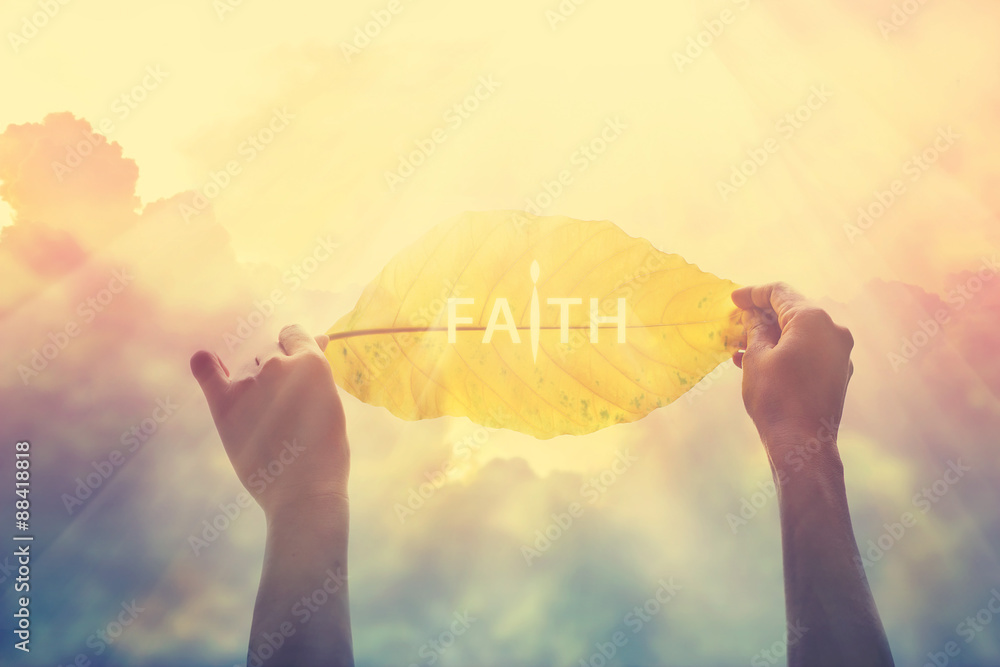Φωτογραφία abstract, holding a yellow leaf in the clorful sky of faith, vintage tone