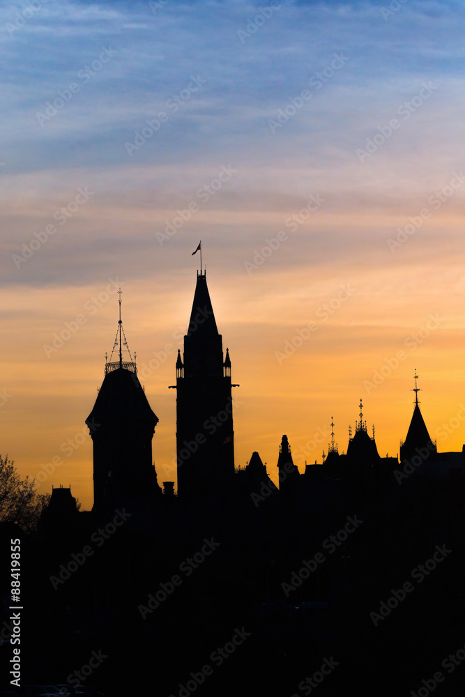 View of Parliament buildings from Plaza Bridge Ottawa during sunset