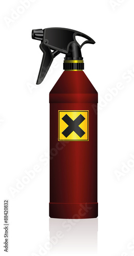 Poison spray bottle for plant toxins, insecticides, pesticides, biocides etc - with a black x on a yellow square as a hazard warning sign for harmfulness or irritants. Isolated vector illustration.
