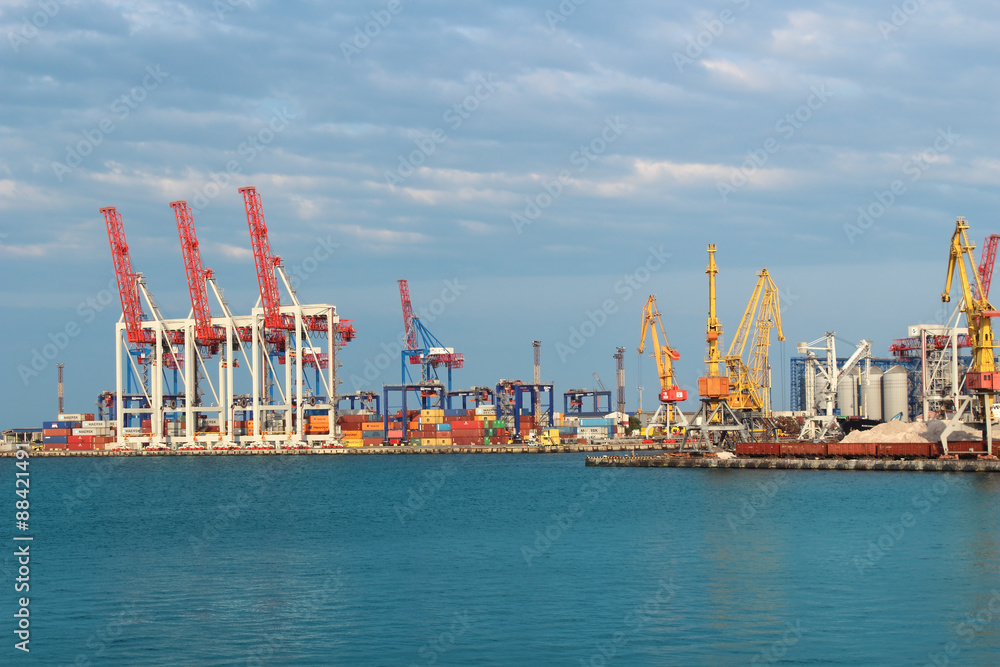 Harbor cranes and different brands cargo. 10.07.2015. Odessa Harbor. Ukraine. Editorial