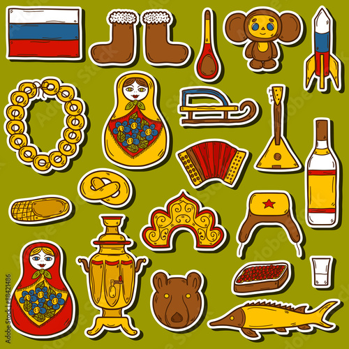 Set of hand drawn stickers on Russia theme: balalaika, vodka