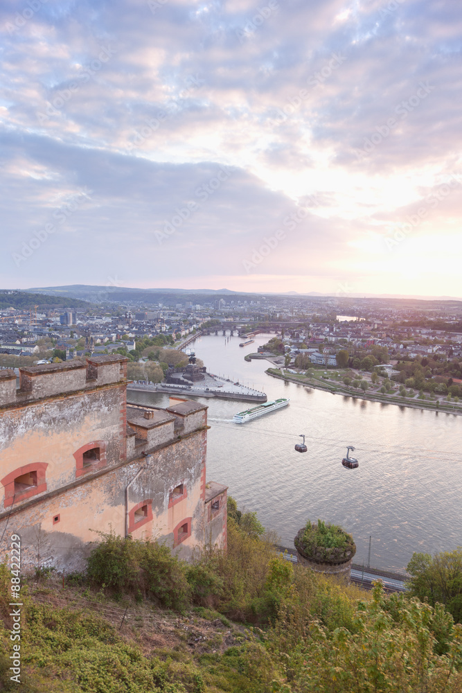 Koblenz, Ehrenbreitstein, Ansicht der Deutschen Eck mit der Seil