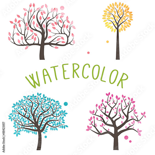 Vector Set of Watercolor Style Trees