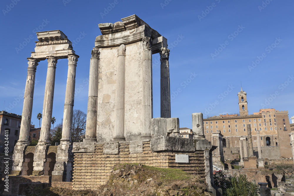 Ruins of temples on roman forum in Rome, Italy