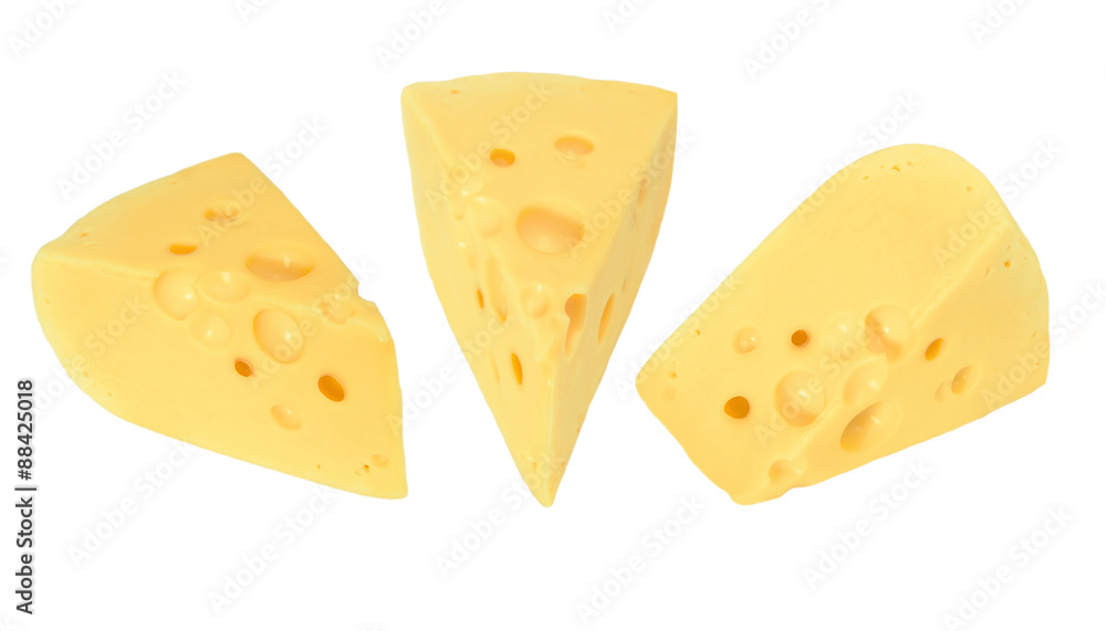 Three pieces of cheese isolated on white