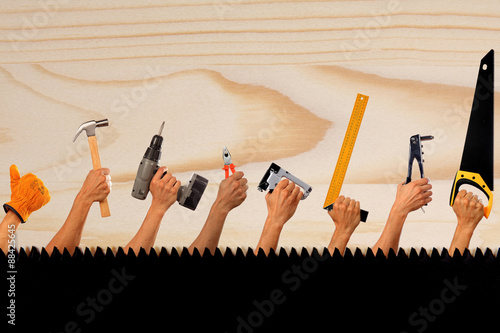 Working tools set collage. Isolated on wooden background.
