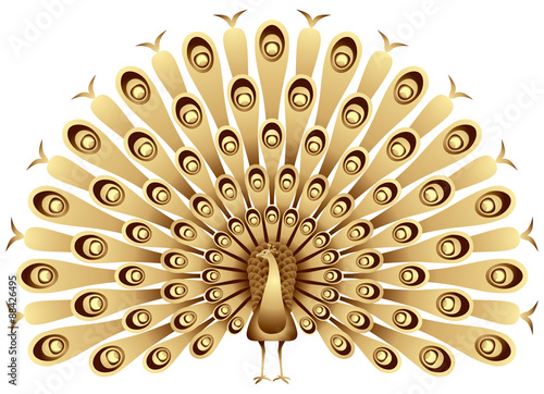 Peacock raises his feathers in gold, vector illustration of the Indian Peafowl golden sculpture