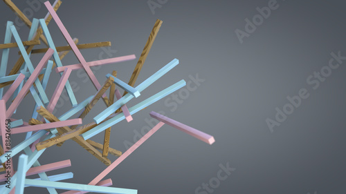 3 D render of an various colorful sticks floating in empty space. There are wooden, pink, and light blue colored sticks. They are spreading from left portion of image, and moving to the right.