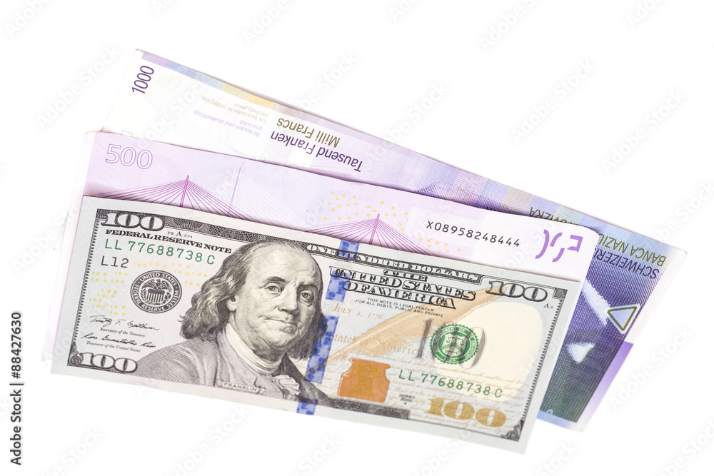 Swiss Franc,American dollars and Euro isolated Swiss Franc,American dollars and Euro isolated
