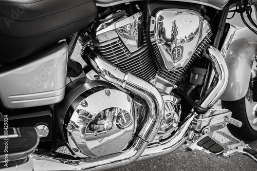 Nice gorgeous amazing closeup view of motorcycle shiny monochrome engine and parts