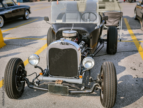 Closeup view of old classic retro vintage hot rod car