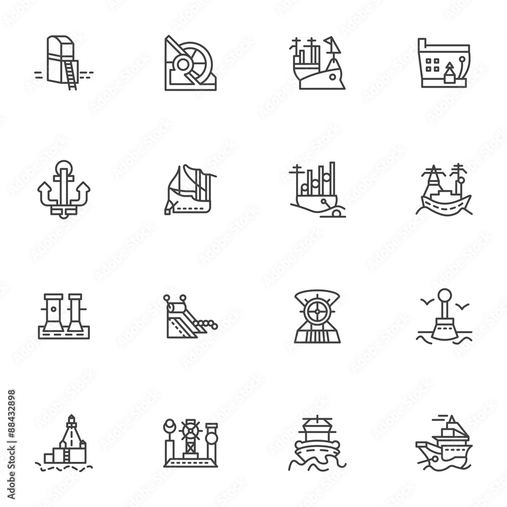 Simple line vector icons for ships and sea ports