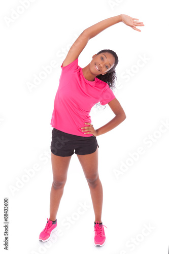Young african american jogger woman stretching, isolated on whi
