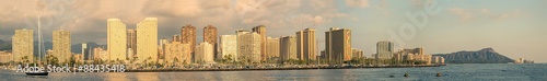 A panorama view of Waikiki and Diamond Head on Oahu  Hawaii  as the sun is setting