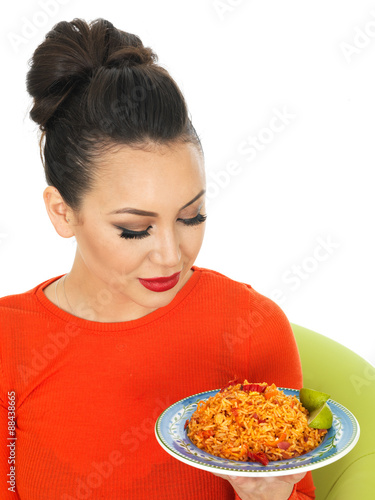 Beautiful Young Hispanic Woman With Mexican Fried Rice With Chilli 