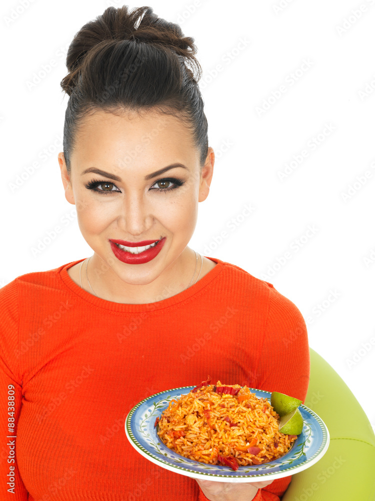 Beautiful Young Hispanic Woman With Mexican Fried Rice With Chilli Beautiful Young Hispanic Woman With Mexican Fried Rice With Chilli