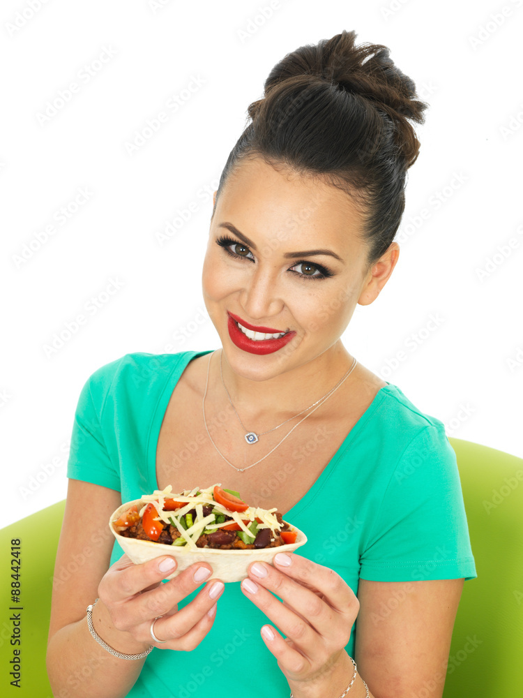 Beautiful Attractive Young Hispanic Woman With Soft Chilli Beef Taco Beautiful Attractive Young Hispanic Woman With Soft Chilli Beef Taco