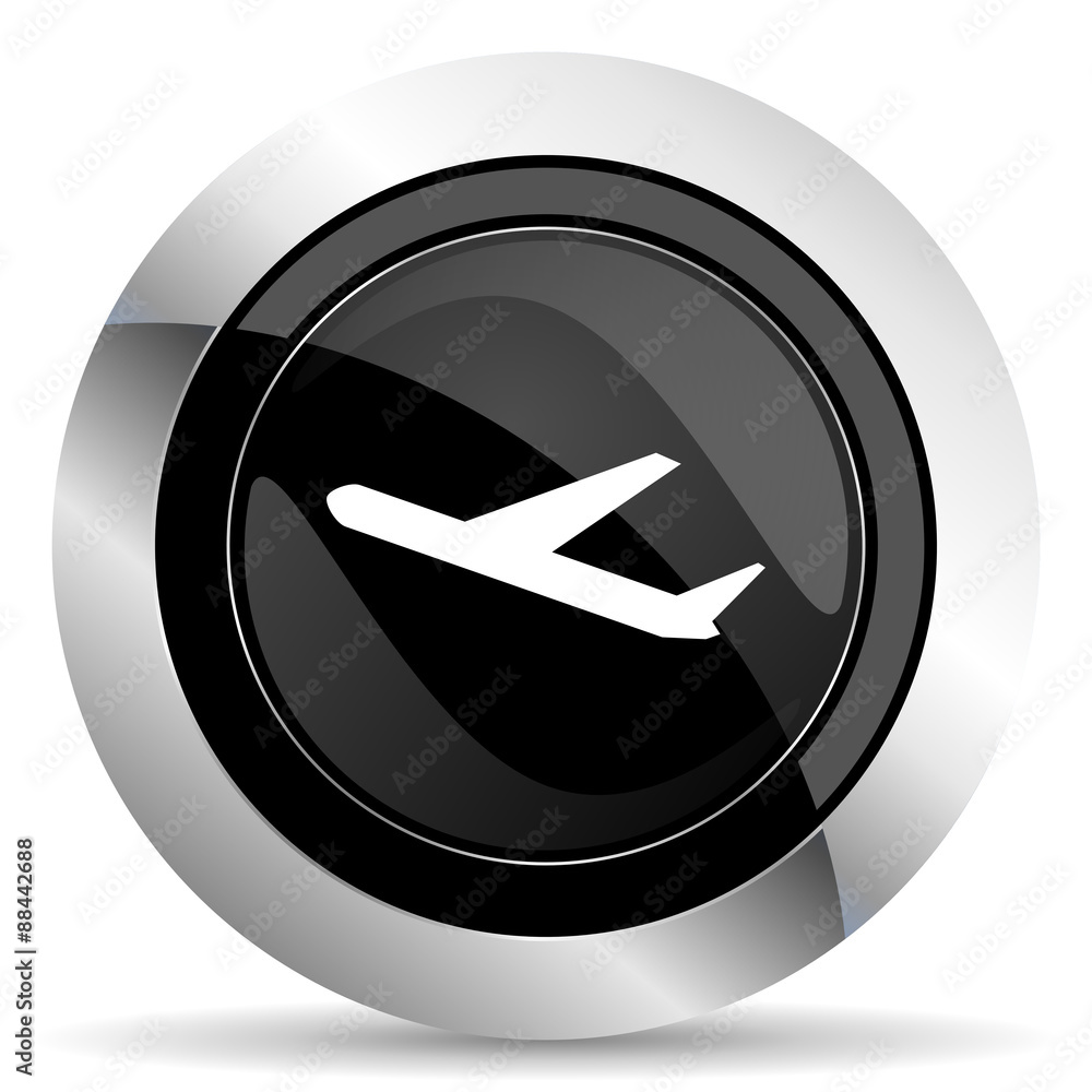 deparures icon, black chrome button, plane sign deparures icon, black chrome button, plane sign