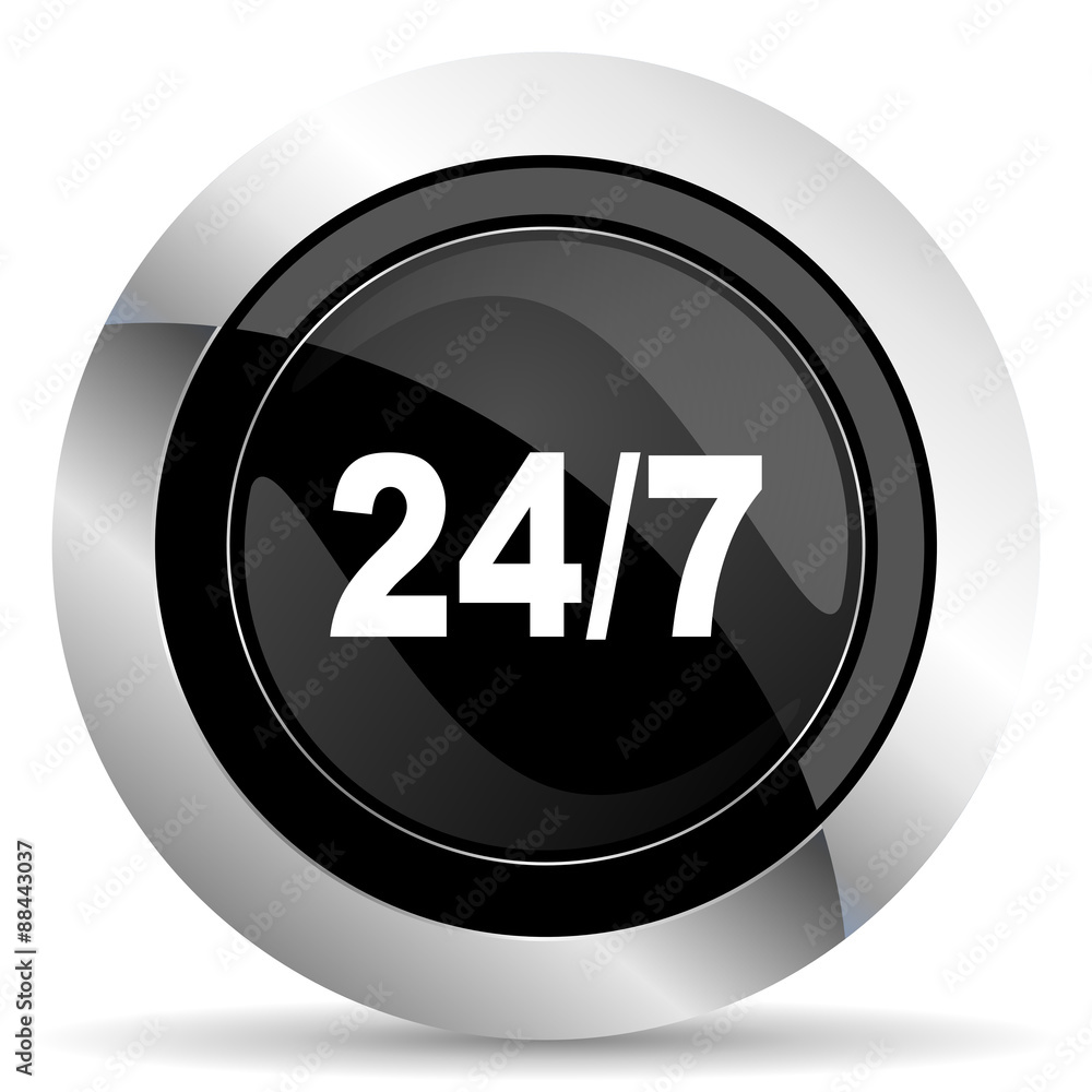 24/7 icon, black chrome button 24/7 icon, black chrome button