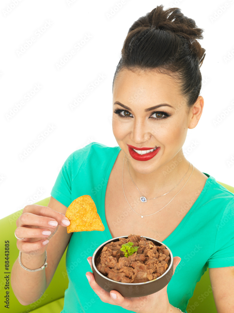 Beautiful Young Attractive Hispanic Woman With Mexican Style Refried Beans Beautiful Young Attractive Hispanic Woman With Mexican Style Refried Beans