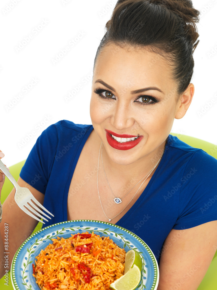 Beautiful Young Attractive Hispanic Woman Holding A Plate of Mexican Chilli Rice Beautiful Young Attractive Hispanic Woman Holding A Plate of Mexican Chilli Rice