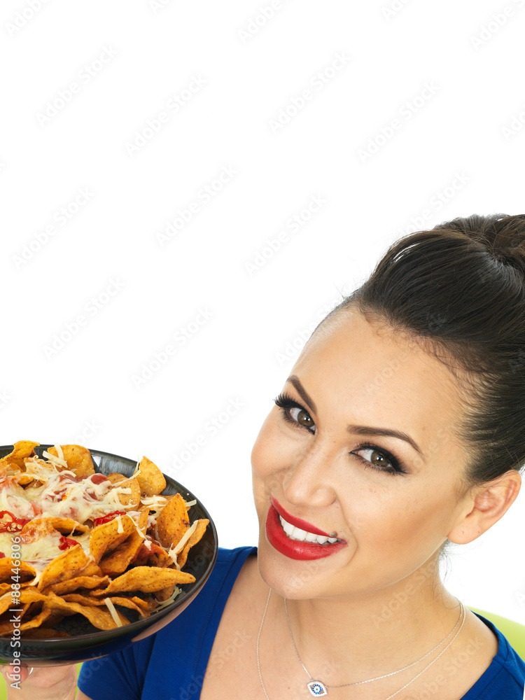Beautiful Attractive Young Hispanic Woman Holding A Dish of Nachos Beautiful Attractive Young Hispanic Woman Holding A Dish of Nachos