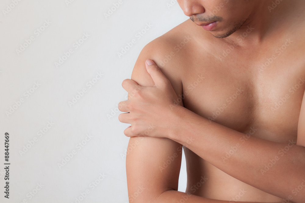 man with shoulder pain isolated on white background man with shoulder pain isolated on white background