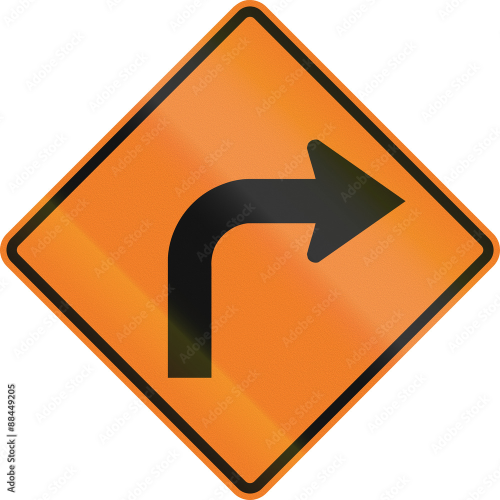 Canadian temporary temporary road warning sign - Right curve ahead. This sign is used in Ontario Canadian temporary temporary road warning sign - Right curve ahead. This sign is used in Ontario