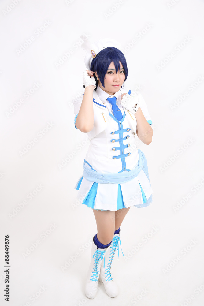 Portrait Cosplay dancing girl isolated in white background