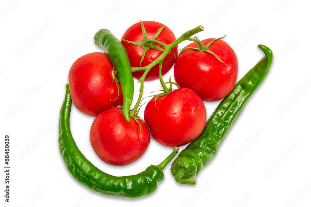 Branch of tomatoes and several green peppers chili Branch of tomatoes and several green peppers chili