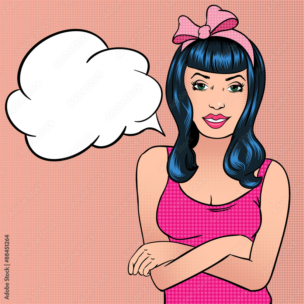 Pop Art illustration of woman crossed her arms with the speech bubble. Pop Art comic girl with speech bubble. Pop Art illustration of woman crossed her arms with the speech bubble. Pop Art comic girl with speech bubble.