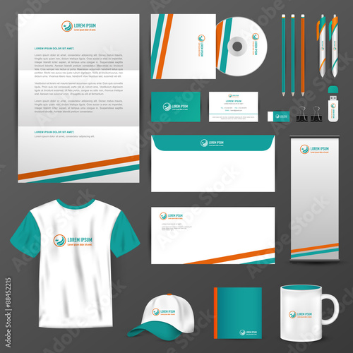 Business uniform, office stationary, and accessories tool such as staff shirt, computer storage device, brochure, mail paper label with brand icon logo design layout and text in isolated background