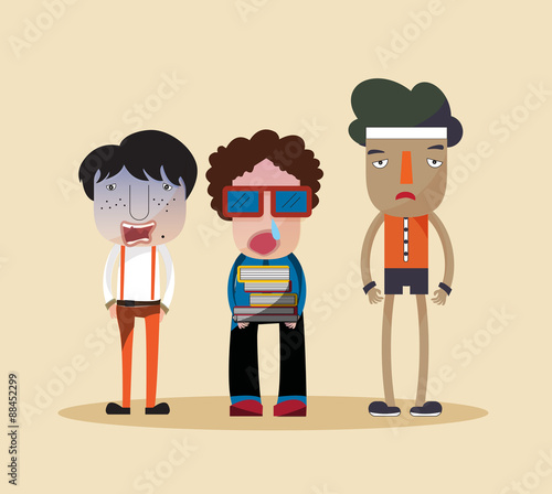 Funny stylish cartoon characters of a nerd, ugly jerk, and cheap looking bully young children standing together as group of friends in fashionable clothes, create by vector 