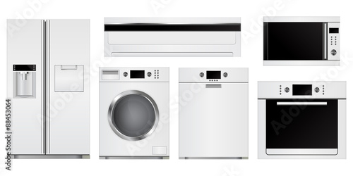 Home appliances. Set of household kitchen devices: Microwave and electric Oven, Dishwasher, refrigerator, split-system, washing machine