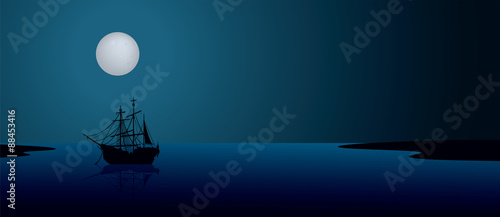 Ship under the moonlight. Night scene landscape illustration photo