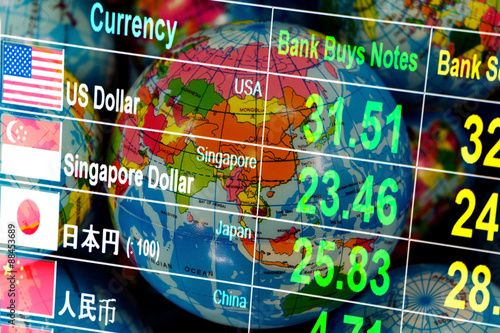 currency exchange rate on digital LED display board in global ba