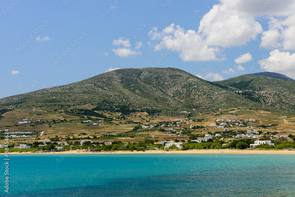 The picturesque coastline of the Greek island of Paros, Golden beach, Paros island, Cyclades, Greece.