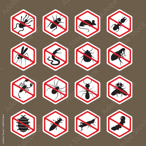 Pests, Insects, Bugs, Prohibition and Repellent Signs, Caution, Warning, Danger, Hazard, Symbol Set, Hexagon Shape