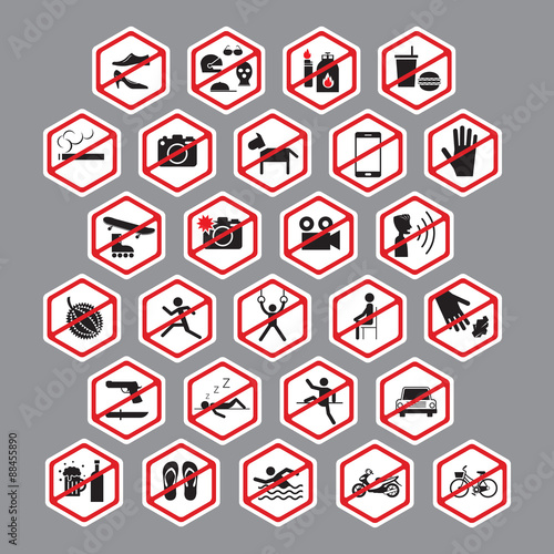 Park, Building, Store, Public Prohibition Signs, Stop, No, Forbidden, Backslash, Hexagon Form Symbol Set