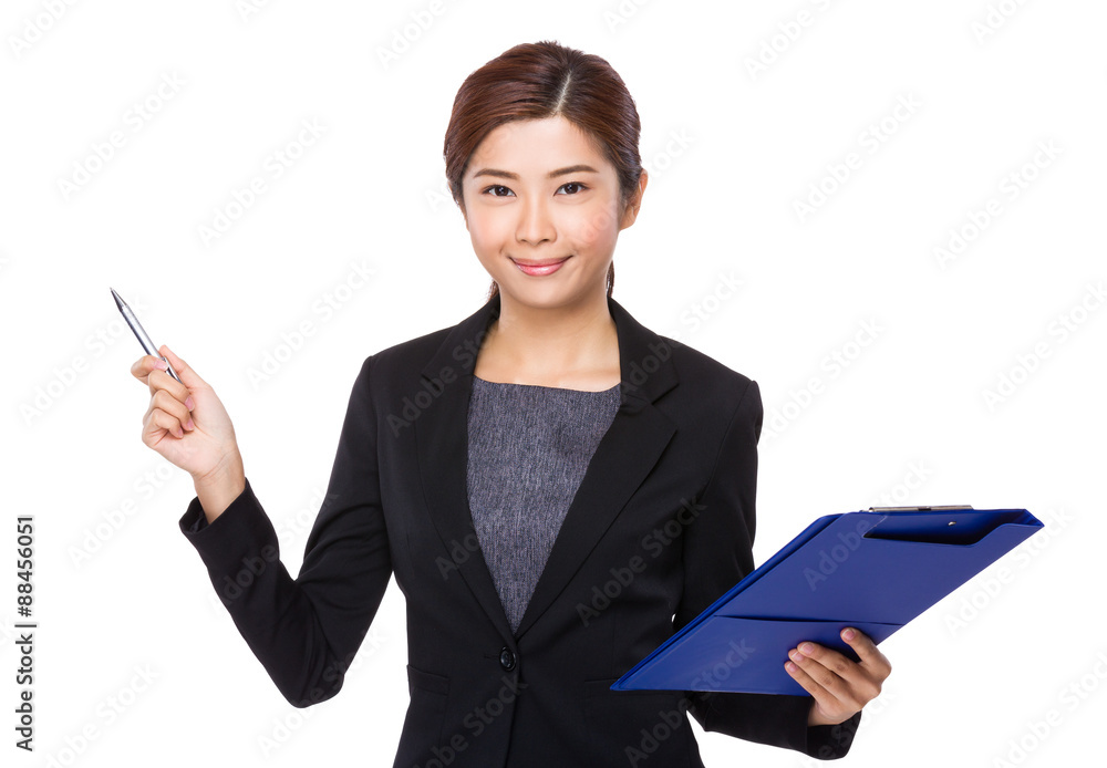 Businesswoman hold with clipboard and pen point up Businesswoman hold with clipboard and pen point up