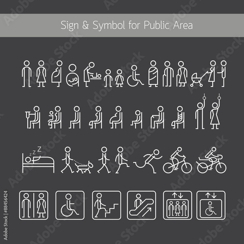 People Pictogram Signs and Symbols for Public Area, Building, Park, Department Store, Transportation, Linear Style